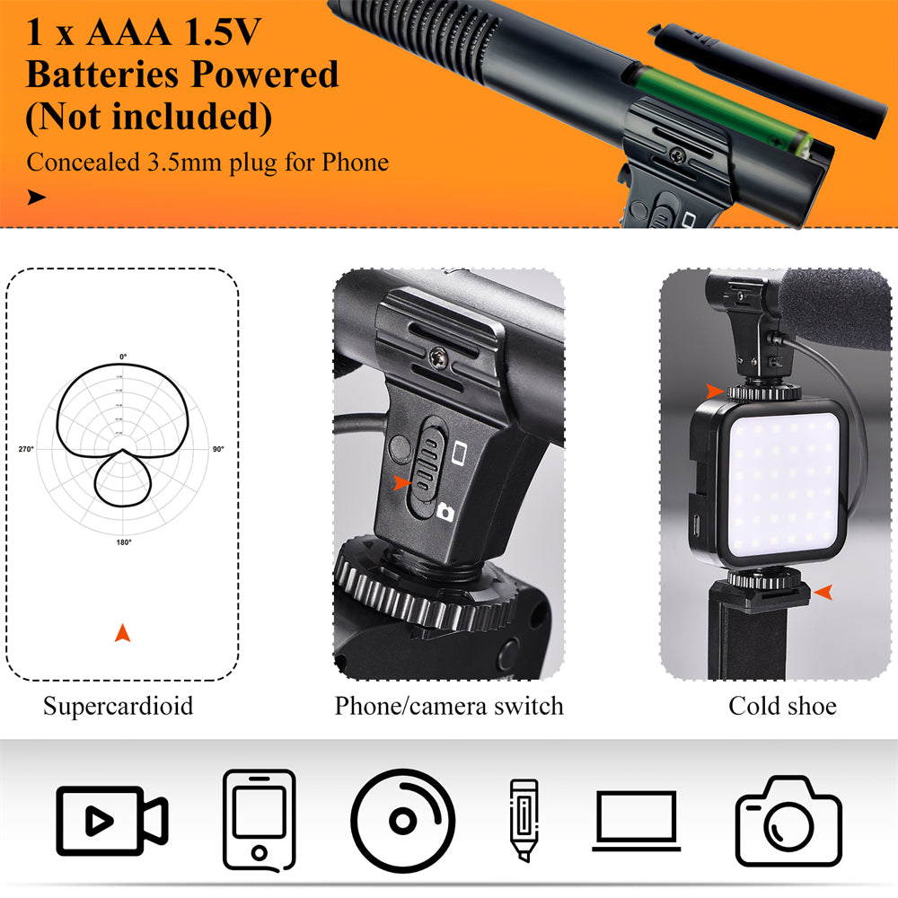Vlogging Kit Accessories for Mobile Phone DSLR Camera Video Recording with Tripod Shoot Mic 360 LED Remote Selfie Light for Live Streaming Short Film